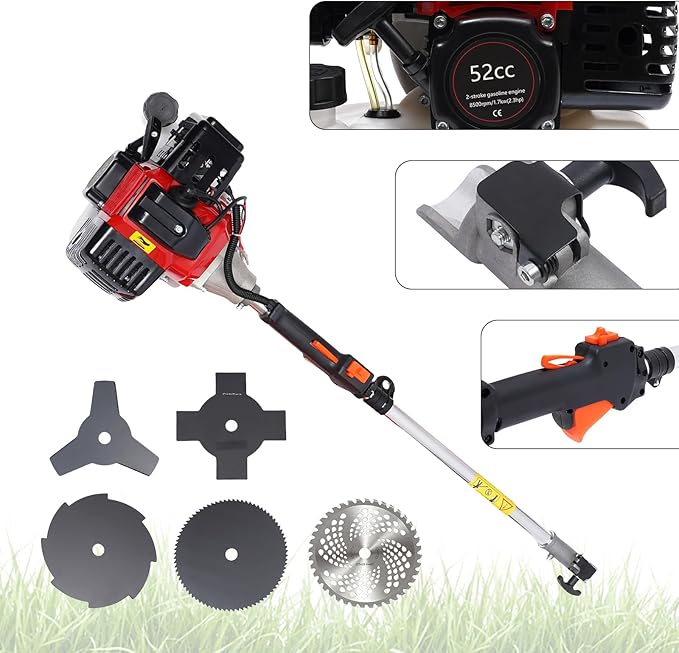52CC 2-Strokes Brush Cutter Grass Trimmer, 10 in 1 Lawn Mower Pruner Tool Gasoline Powered Weed Wacker Brush Cutter Multifunctional Trimming Tools for Lawn and Garden Tree Trimming