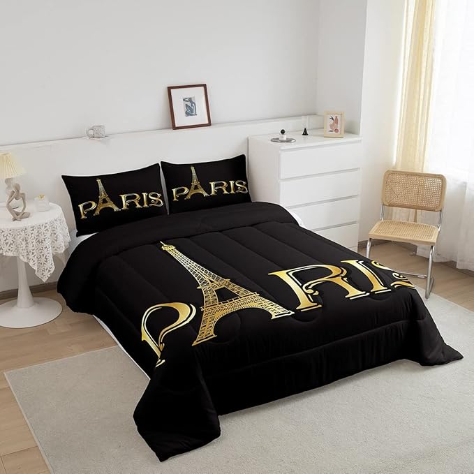 Erosebridal Eiffel Tower Comforter Set, City Building of Paris Bedding Set Twin Size, Gold Black Duvet Sets for Kids Boys Girls Teens Bedroom, Soft Microfiber Bedding Comforters with 1 Pillow Case