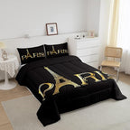 Erosebridal Eiffel Tower Comforter Set, City Building of Paris Bedding Set King Size, Gold Black Duvet Sets for Kids Boys Girls Teens Bedroom, Soft Microfiber Bedding Comforters with 2 Pillow Cases