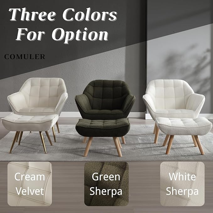 White Sherpa Accent Chair with Ottoman ，Modern Reading Chair with Ottoman Set, Comfy Fuzzy Armchair Living Room Chair Lounge Chair with Wood Legs for Small Spaces Bedroom Apartment