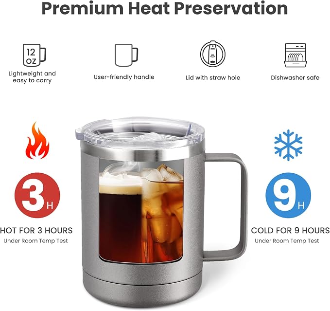 MEWAY 12oz Coffee Mug With Handle 8 Pack Bulk,Stainless Steel Insulated Travel Tumblers With Sliding Lid,Double Wall Vacuum Camping Cup for Hot & Cold Drinks Tea (Cold Grey,Set of 8)