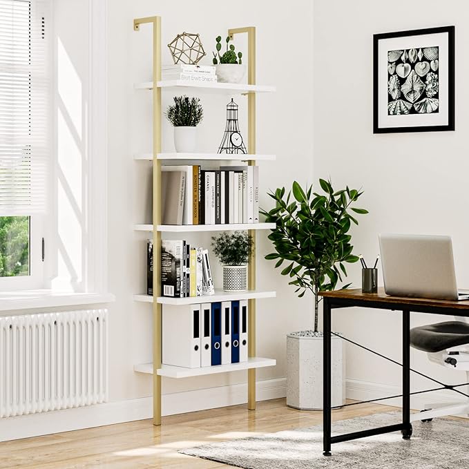 NUMENN 5 Tier Book Shelf, Industrial Ladder Shelf, Open Space Wall Mount Bookshelf with Metal Frame, Sturdy Book Shelves, Bookcase for Living Room, Home Office Shelf, White/Gold