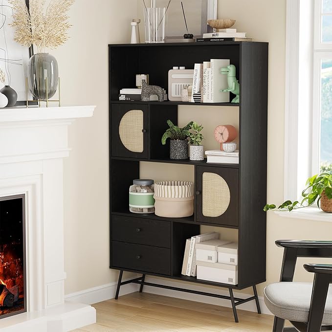 Soohow 4 Shelf Bookcase and Bookshelves with Drawer, 65” Tall Bookcases with Storage Shelves, Bookshelves and Bookcases with Rattan Cabinet and Metal Legs for Home Office, Living Room and Bedroom.