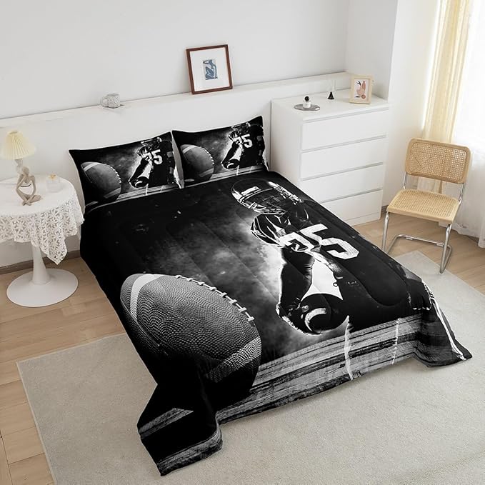 Erosebridal Football Down Comforter for Kids Boys Girls Teens Sports Theme Comforter Set Soccer Pattern Duvet Insert Football Match Bedding Set Youth Bedroom Decor Quilted with 2 Pillowcase,Queen