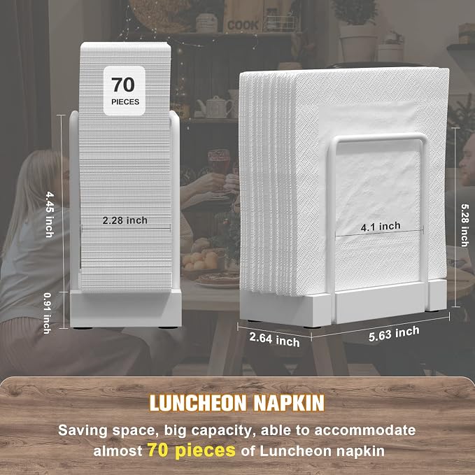 Wican Napkin Holder for Table, Bamboo Iron Standing Napkin Dispenser | Kitchen Dining Table Farmhouse Cocktail Picnic Bar Rustic Wood Holders, Mail Bills, Suitable All Dining Room Decors, White