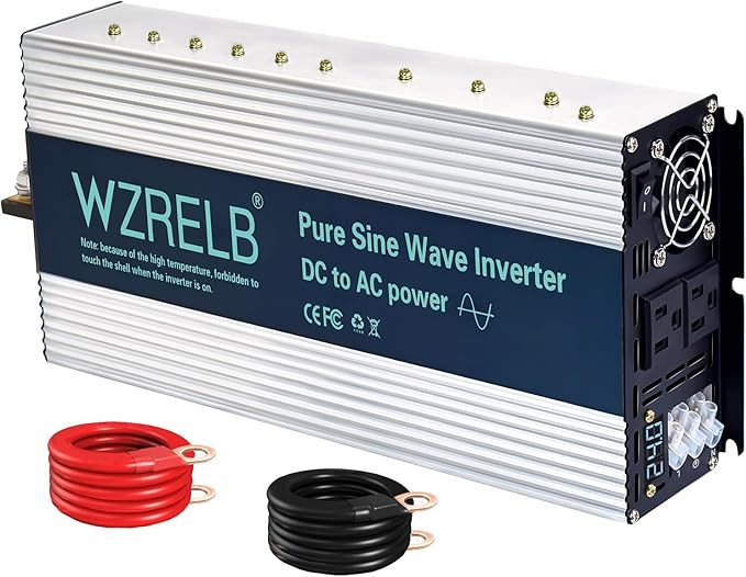WZRELB 3000W Pure Sine Wave Inverter, Car Power Inverter 24V DC to 110V 120V AC Converter for RV, Truck, Solar, Outdoor with Dual AC Outlets, Hardwire Port, Surge 6000W, LED Display,Off-Grid