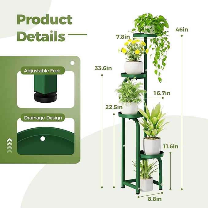 Bamworld Corner Plant Stand Indoor Outdoor, Tall Metal Flower Pot Stands for Multiple Plants, 4 Tier Green Heavy Duty Plant Shelf for Patio Garden Balcony Living Room Bedroom(Patent Design)