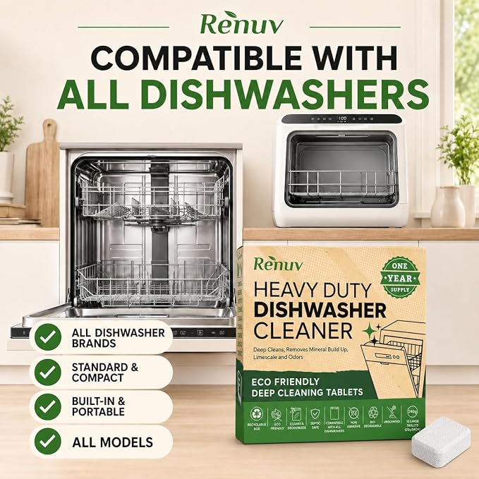 Renuv® Dishwasher Cleaner + Washing Machine Cleaner Bundle | Heavy Duty Appliance Deep Cleaning, Descaling, Deodorizing