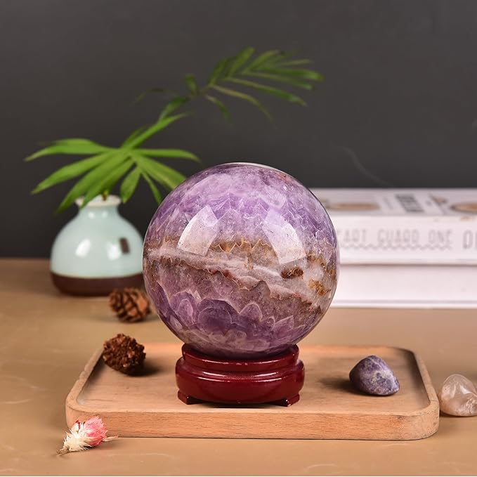 JIC Gem Large Healing Crystal Sphere Ball with Wooden Stand Amethyst Agate Crystal Decorative Ball Meditation Feng Shui Decor 90-100mm