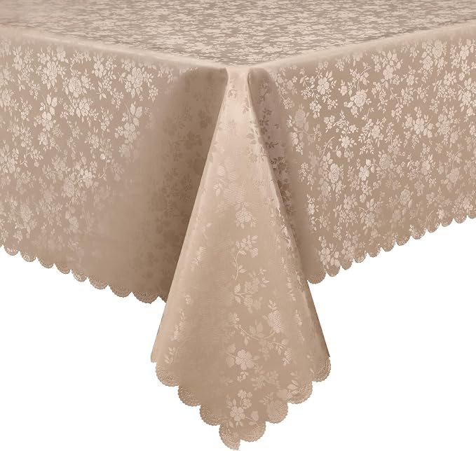 Smiry Rectangle Waterproof Heavy Duty Vinyl Tablecloths, 60 x 84 Inch | Wipeable Washable Floral Embossed Table Cover for Kitchen and Dining Room, Indoor & Outdoor Use, Khaki