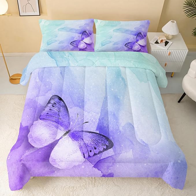 Butterfly Comforter Queen Size,Watercolor Butterfly Kids Comforter Set,3Pcs Bedding Set Printed Comforter with 2 Pillowcases,Down Alternative,Soft and Lightweight,for All Seasons