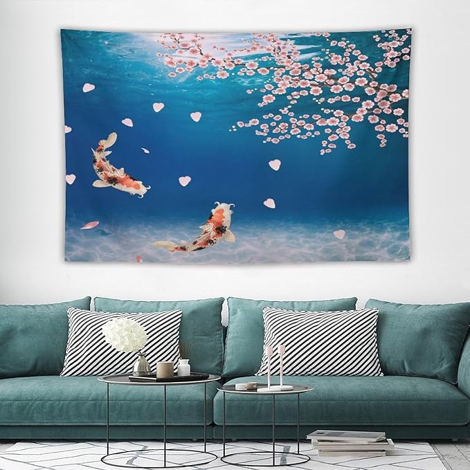 Japanese Koi Fish Tapestry, Cherry Blossoms Asian Oriental Blue Floral Branch Koi Fish Carp Tapestries Wall Hanging for Bedroom Living Room Office Decor 60"x40"