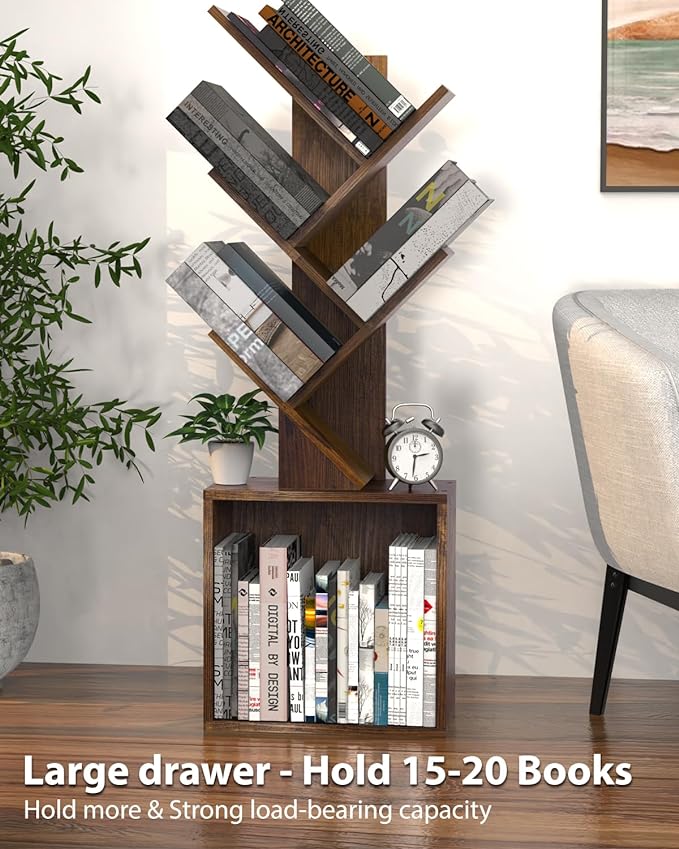Ochine Tree Bookshelf, 5 Tier Small Bookcase with Large Drawer, Tall Wood Narrow Bookshelves Organizer for CDs/Movies/Books, Floor Standing Book Shelf for Bedroom, Living Room, Home Office