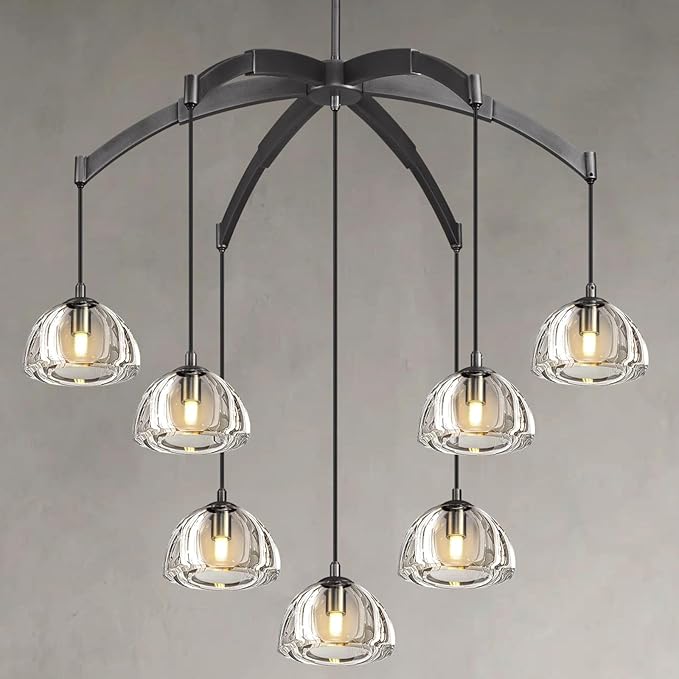 Modern Crystal Chandeliers, Black Round Chandelier for Dining Room, Large Arc Chandelies for Living Room, 7-Light Dining Room Light Fixture 34" Pendant Light Chandelier for Staircase Bedroom