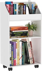 3-Tier Mobile Bookshelf, White Bookcase with Wheels, Rolling File Holder Desk File Book Organizer for Home Office Living Room School