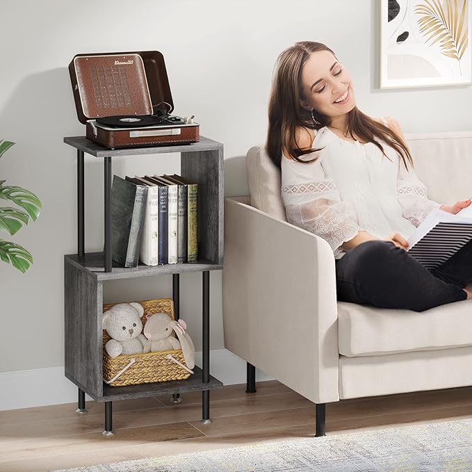 3 Tier Modern Bookshelf, S-Shaped Bookcase,Small Book Shelf for Small Spaces, Unique Bookshelf for Storage Organizer Living Room Bedroom Home Office, Grey