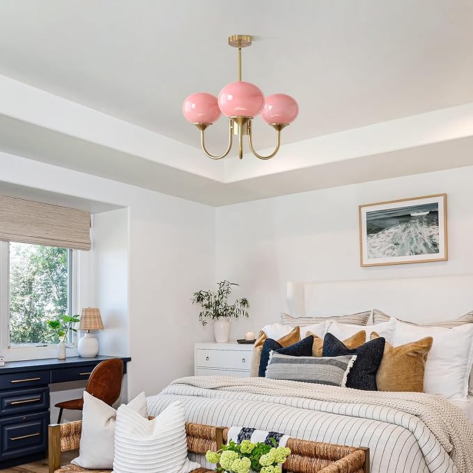 Pink Globe Chandelier for Girls Room Mid Century Modern 3 Light Pendant Lights Vintage Gold Semi Flush Dining Room Light Fixture Retro Pink Ceiling Lamp