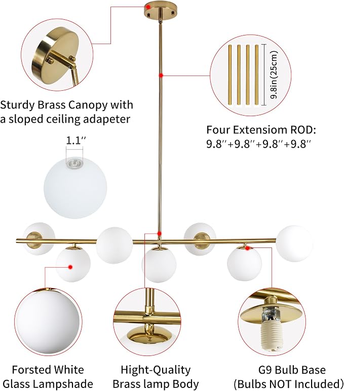 Modern Linear Gold Chandelier for Dining Room, 7-Light Adjustable Dimmable Ceiling Light with Glass Globes, Kitchen Island Pendant Lighting Mid Century Light Fixture for Living Room Bedroom Foyer