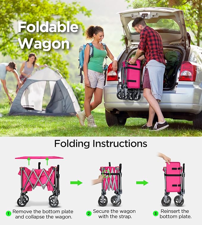 Beach Wagon,Collapsible-Wagon 220lbs with Big Wheels FoldableWagon Carts,Portable Utility for Garden Grocery Sports Camping All Terrain-Pink
