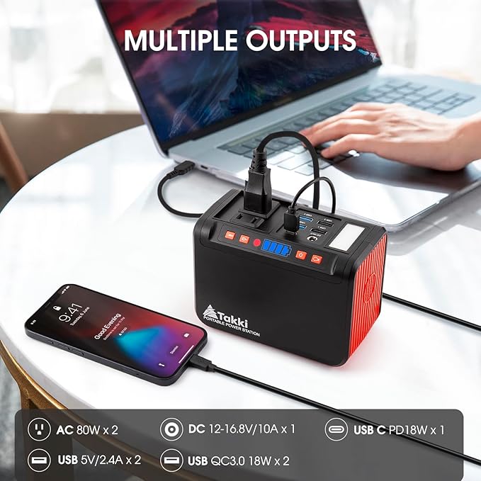 Takki Portable Power Station 111Wh, Camping Solar Generator Lithium Battery Pack with 110V AC DC USB Ports LED Flashlight for Home Use Camping Laptop CPAP Emergency Power Backup