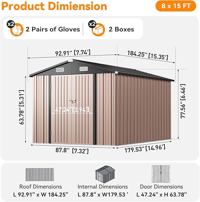 8×15FT Outdoor Storage Shed, Metal Garden Shed with Lockable Double Doors & Sloping Roof, Weather-Resistant Tool Shed for Backyard, Patio, Poolside Brown