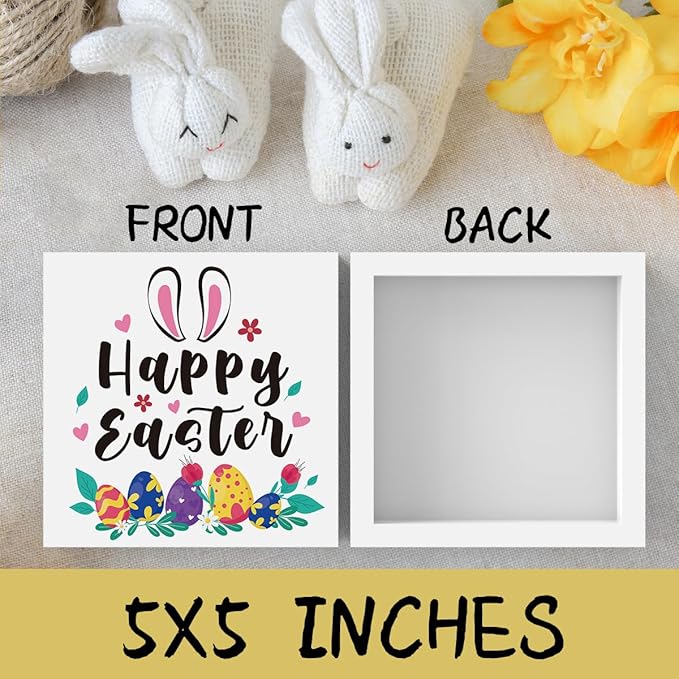 Rustic Farmhouse Bunny Easter Decorations Country Home Office Desk Decor Happy Easter Sign Cubicle Shelf Tabletop Tiered Tray Decor Gifts for Women 5 X 5 Inch