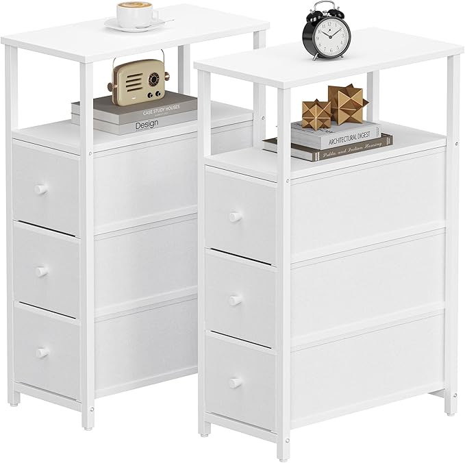 TUTOTAK Narrow Night Stand, Slim End Table, Tall Side Table with 3 Fabric Drawer, Small Bedside Table with Storage, Set of 2, for Living Room, Bedroom, White TB01BW072