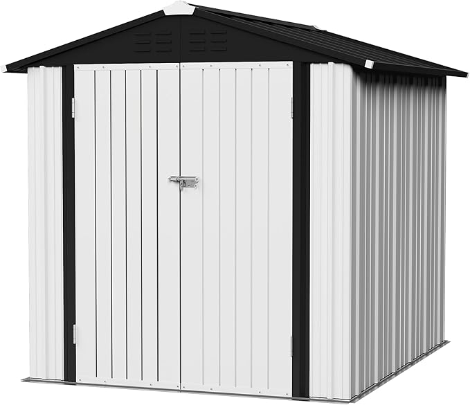 Flamaker 6x8 FT Storage Shed Waterproof Metal Garden Shed with Lockable Door Utility Tool Shed Outdoor Storage for Backyard, Patio and Lawn, White