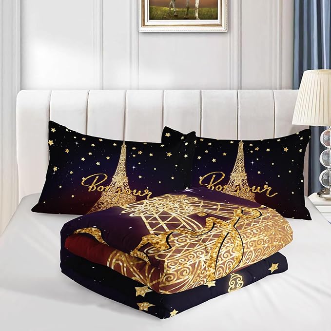 Datura home Kids Comforter Set Eiffel Tower Printed Pattern Bedding Set with 1 Comforter and 2 Pillowcases for Girls Boys Bedroom All Season(Tower Twin)