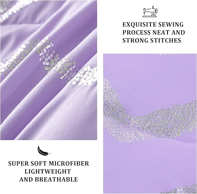 Purple/Silver Comforter Set Twin, Lavender Metallic Print Glitter Bedding Set Cute Shinny Lilac Bed Sets for Teen Girls Kids Women, 3 Piece (1 Pillowcase, 1 Decorative Pillow Sham)
