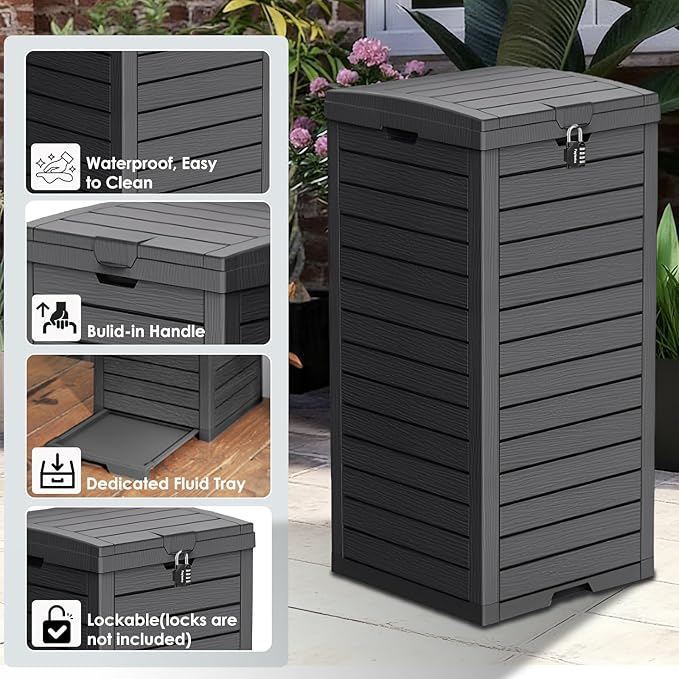 31 Gallon Double-Lid Outdoor Trash Can with Leak-Proof Slide Tray, Weatherproof Resin Waste Bin for Patio, Garden, Indoor and Backyard, Black
