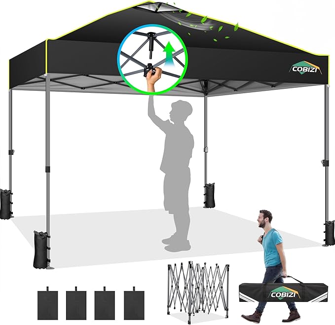 COBIZI Canopy 10x10 Pop Up Canopy Tent 1-Button Push Easy up Outdoor Canopy Instant Portable Commercial Shelter Waterproof UPF50+ Gazebo with Reflective Strip, Air Vent & 4 Sandbags,Black