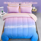 Dinjoy Girls Comforter Set Full Size Colorful Rainbow Ombre Pink Blue Bedding Set Gradient 7 Pieces Bed in A Bag for Kids Teen Girl Women(1 Comforter, 1 Flat Sheet, 1 Fitted Sheet)