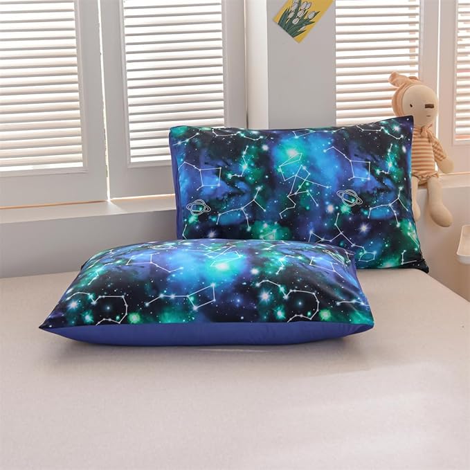Holawakaka Tie Dye Constellation Print Ombre Comforter Set Full Size Girls Boys Gradient Galaxy Bedding Set (Black Green,Full)