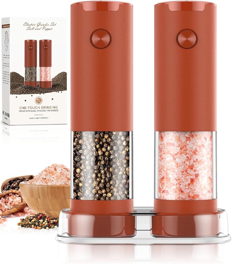 Electric Salt and Pepper Grinder Set Automatic Battery Pepper Mill Shakers Adjustable Coarseness Upgraded Larger Capacity with Led Home and Kitchen Appliances(Wine Red)