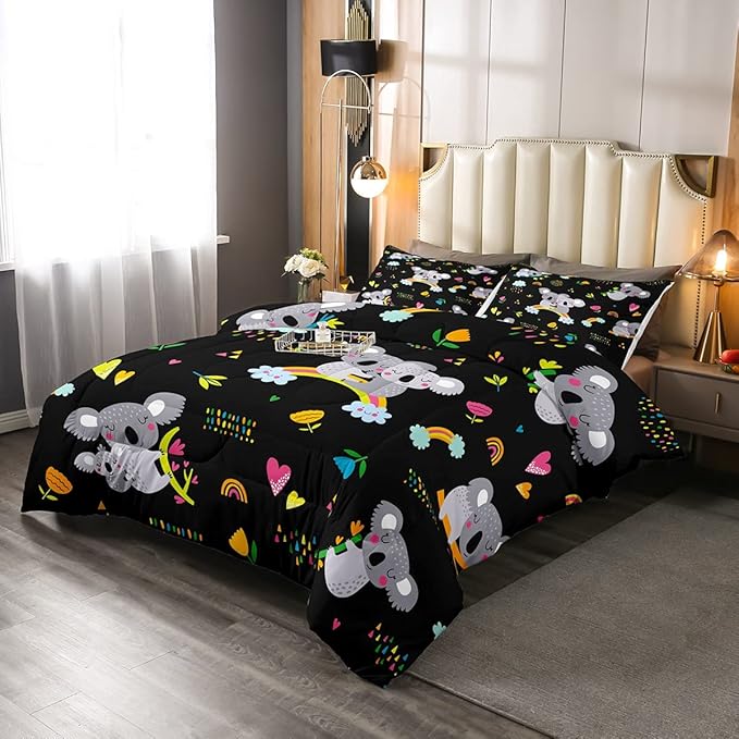 Erosebridal Koala Comforter Set, Kids Rainbow Bedding Set Twin Size Flower Love Heart Duvet Sets for Girls Boys Children Cute Animal Cartoon Down Comforter 2 Pieces with 1 Pillow Case, Black