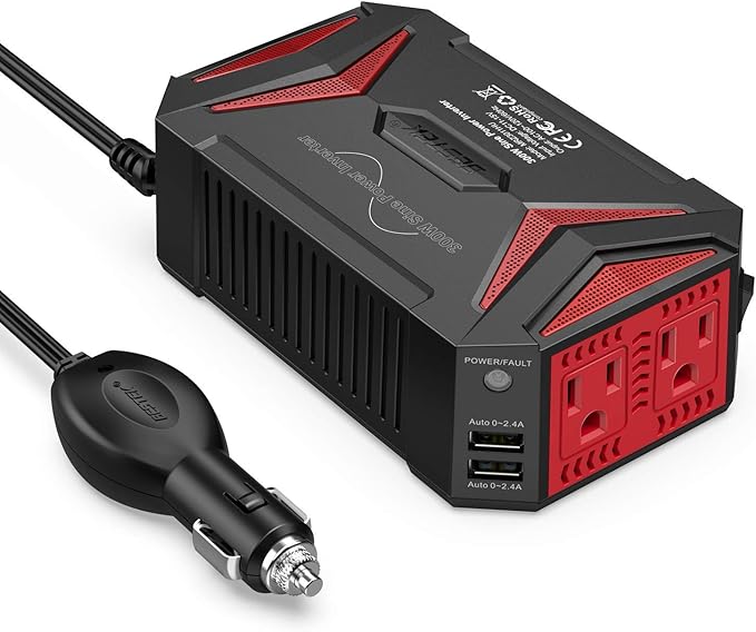 BESTEK Pure Sine Wave Power Inverter - 300W Car Plug in Charger Outlet DC 12V to 110V AC - Cigarette Lighter Adapter with 4.8A Dual USB Fast Charging Ports for Laptop - Aluminum Housing - Black