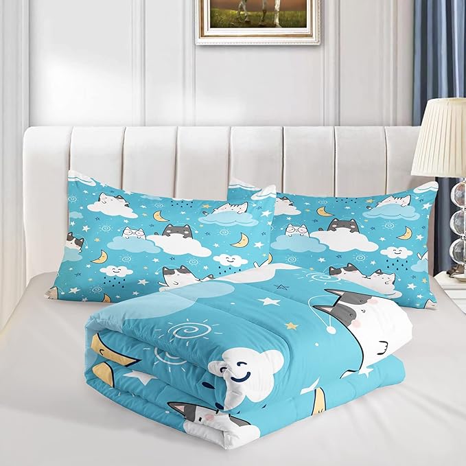 Cat Comforter Twin Size,Blue Cloud Cats Comforter Set for Kids Teens Girls Boys,3Pcs Bedding Set Printed Comforter with 2 Pillowcases,Down Alternative,Soft and Lightweight，Twin Size