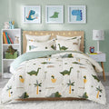 Joyreap Dinosaur Kids Cotton Comforter Set for Boys Girls, Twin Size 3pcs Cotton Bedding Comforter, Fresh Green Dinosaurs on White Design, Skin-friendly Breathable for All Season- 68x88 inches