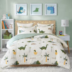 Joyreap Dinosaur Kids Cotton Comforter Set for Boys Girls, Twin Size 3pcs Cotton Bedding Comforter, Fresh Green Dinosaurs on White Design, Skin-friendly Breathable for All Season- 68x88 inches
