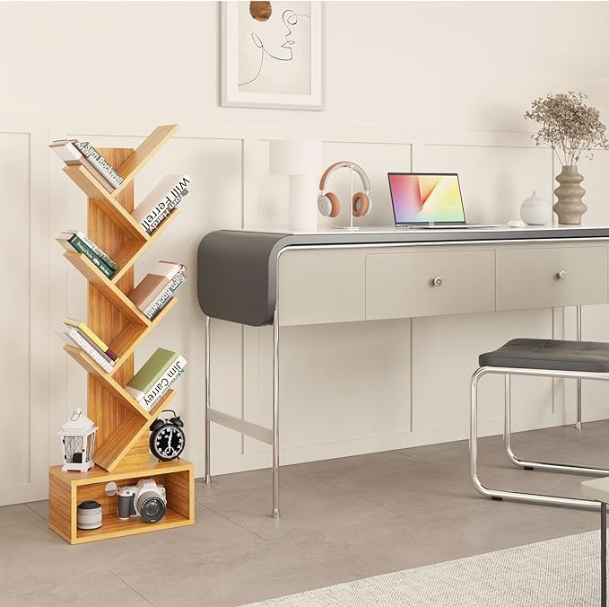 YMYNY 6 Tier Tree Bookshelf, Tall Bookcase, Wood Book Storage Rack with Drawer, Modern Floor Standing Book Shelf for Books/Movies/CDs, Utility Organizer for Living Room, Home Office, Natural UHBC016N
