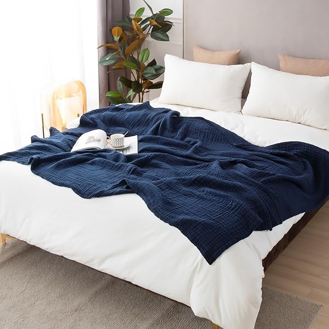 EMME Cotton Muslin Blanket King Size - Soft, Breathable Layering Blanket, 108"x90", All Season Gauze, Navy