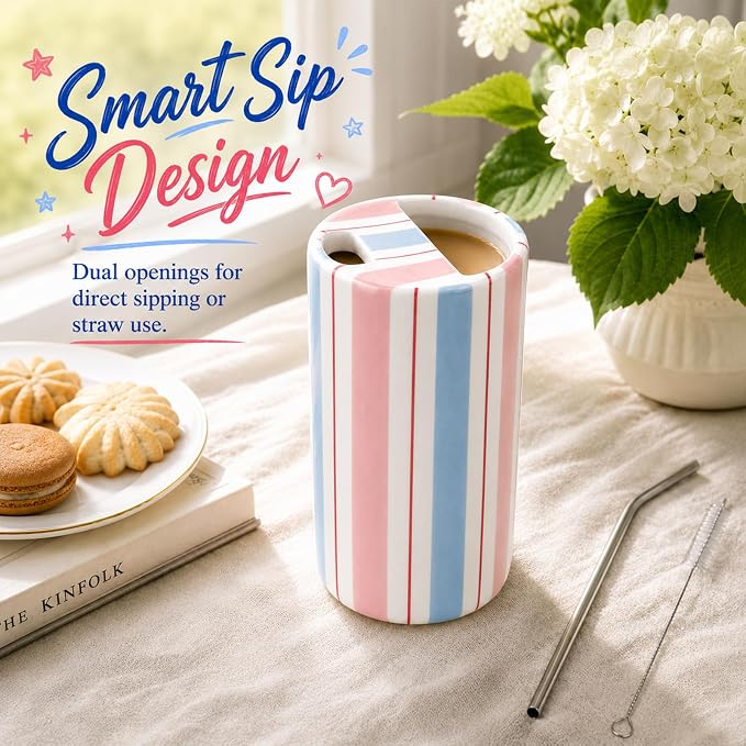 Large Ceramic Coffee Mug with Sip Hole, 17 oz Pastel Candy Stripe Ceramic Travel Mug Cup with Straw and Cleaning Brush for Kitchen Dining Travel Tea Milk Coffee Lovers Gift for Women