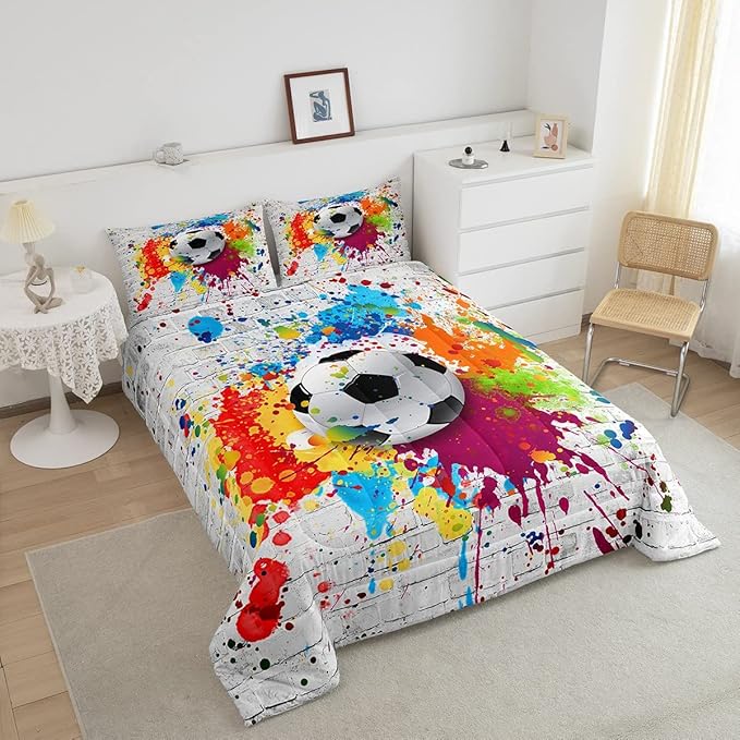 Football Bedding Set Rugby Sports Comforter Set Soccer Ball Game Comforter for Boys Girls Children Teens Bedroom Decor Gift for Football Lover Duvet Set Full Size with 2 Pillow Case