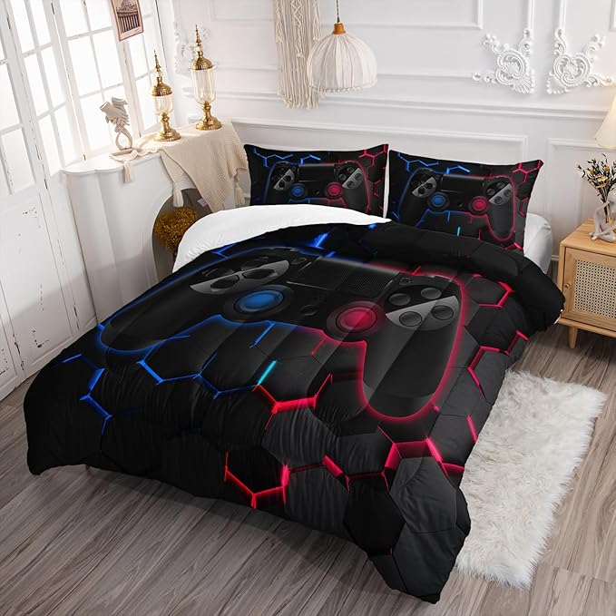 Axolotl Gamer Comforter Sets Twin,Geometric Honeycomb Gaming Bedding Sets,Video Games Comforter,Gaming Bedding Set,Game Console Comforter Set for Kids Boys Girls Teens,1 Quilt 2 Pillowcases,Blue Red