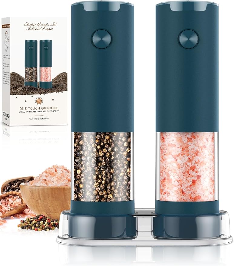 Electric Salt and Pepper Grinder Set Automatic Battery Pepper Mill Shakers Adjustable Coarseness Upgraded Larger Capacity with Led Home and Kitchen Appliances(Teal)