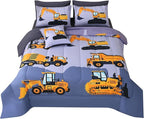 JQinHome Construction Twin Bedding Sets for Boys Kids,6 Piece Bed in A Bag 3D Cartoon Car Excavator Tractor Comforter Set with Sheet Set,Trucks Cars