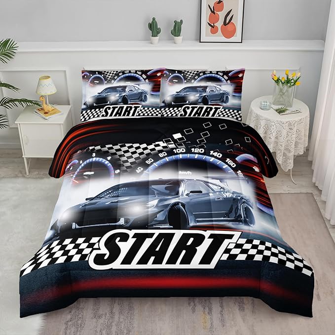 Axolotl Race Car Comforter Set Queen Size,Extreme Sports Bedding Set for Boys Teens Kids Girls Room Decor,Cool Speed Luxury Car Quilt Bed Set with 1 Comforter 2 Pillowcases Car Racing Gifts