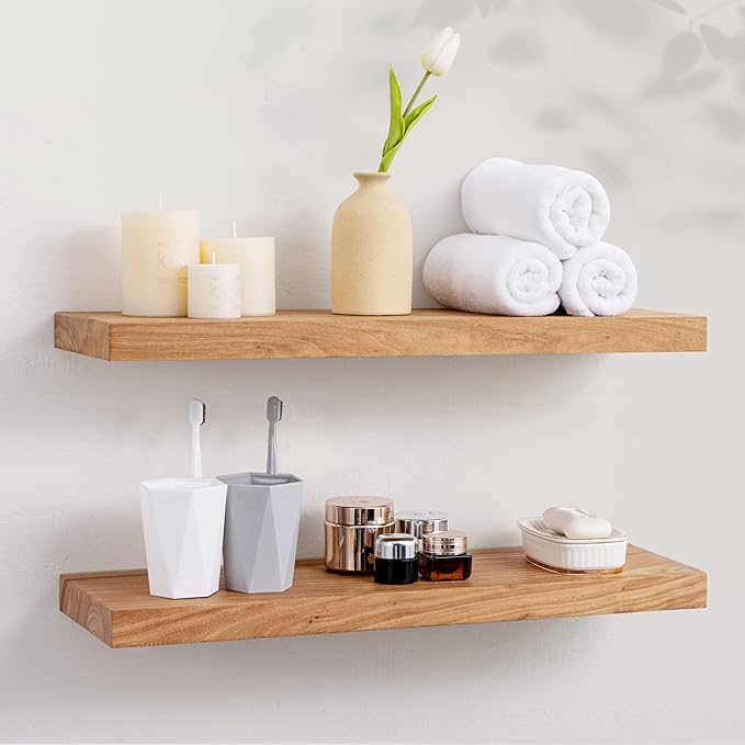 Axeman Floating Shelves for Wall, 24''W x 8'' D Rustic Solid Elm Wood Shelves for Storage, Wall Mounted Display Shelving with Invisible Heavy-Duty Metal Bracket (Natural, 2PCs)