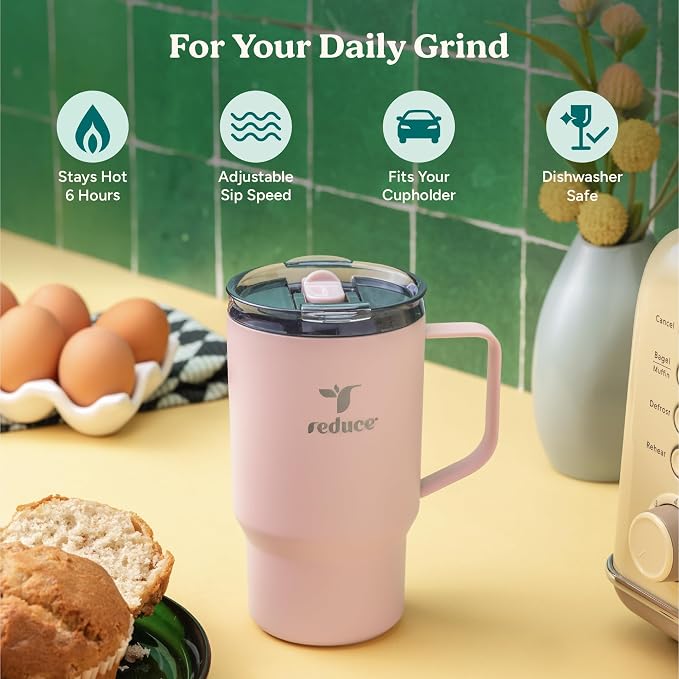 REDUCE Hot1 18 oz Hot1 Stainless Steel Insulated Mug with Temperature Adjusting Lid - Dual-Wall Vacuum, Cupholder Friendly - Keeps Drinks Hot for 6 Hours - Ideal for Coffee, Tea & Other - Baked Clay